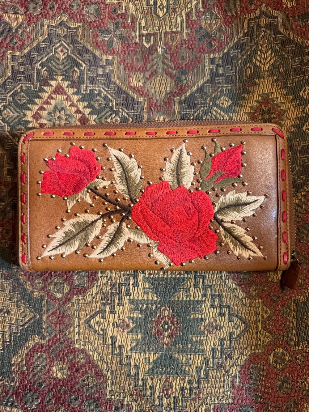 Women's Brown Leather Wallet with Red Rose Embroidery Isabella Fiore